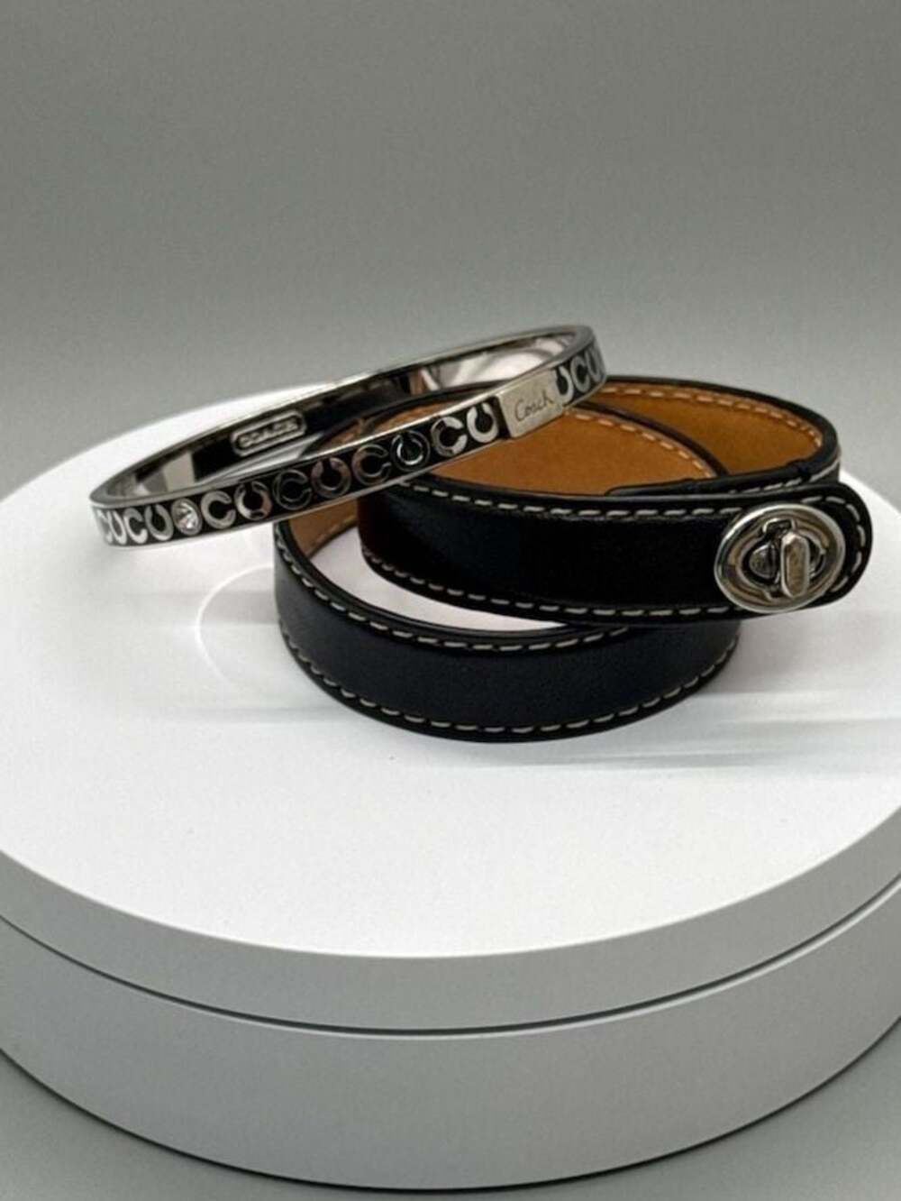 Lot Coach Silver Tone Enamel C Logo Bangle & Leather Wrap Turnlock Bracelet
